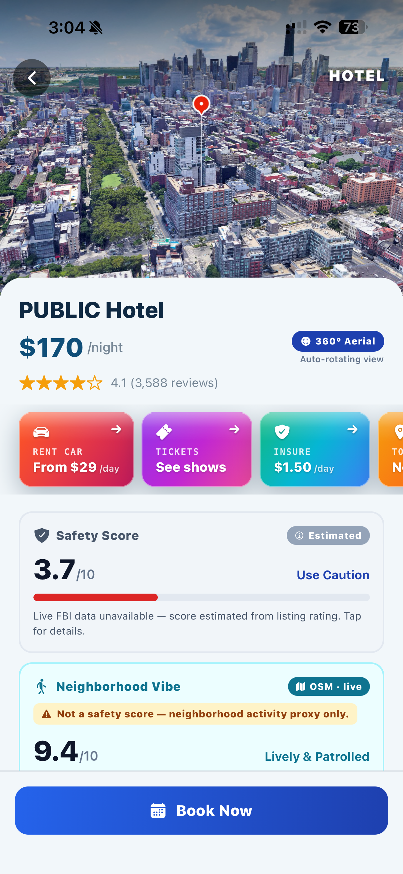 VacayRadar hotel detail screen showing the 3D glass stats strip and FBI safety score
